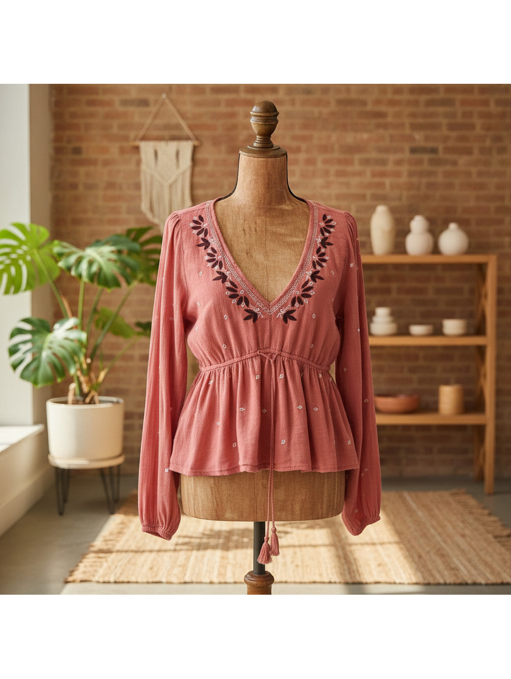 Abercrombie & Fitch Embroidered Peplum Blouse Rust Medium Women